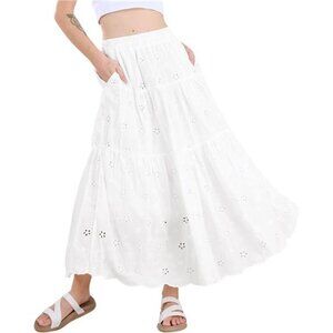 Women's Lace Embroidery Eyelet Boho Skirt White